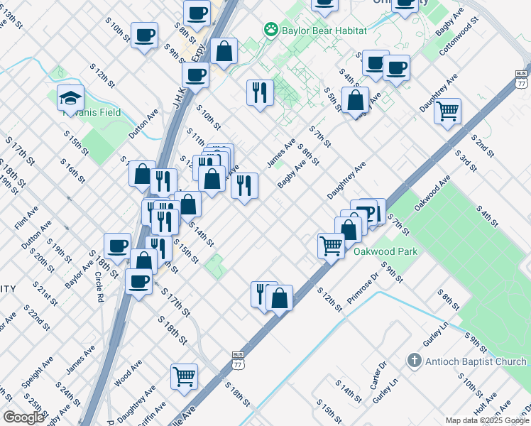 map of restaurants, bars, coffee shops, grocery stores, and more near 1727 South 11th Street in Waco