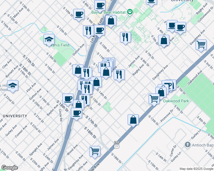 map of restaurants, bars, coffee shops, grocery stores, and more near 1214 Speight Avenue in Waco