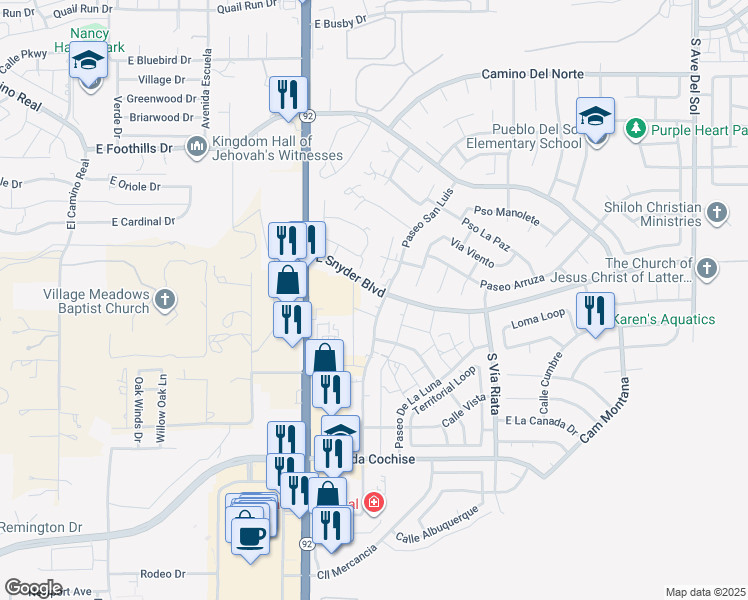 map of restaurants, bars, coffee shops, grocery stores, and more near 1445 Plaza Merito in Sierra Vista