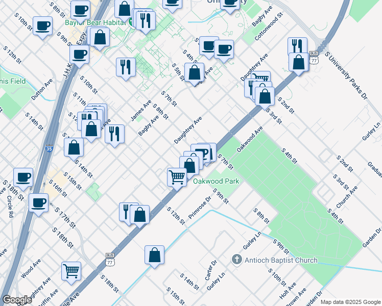map of restaurants, bars, coffee shops, grocery stores, and more near 2022 South 8th Street in Waco