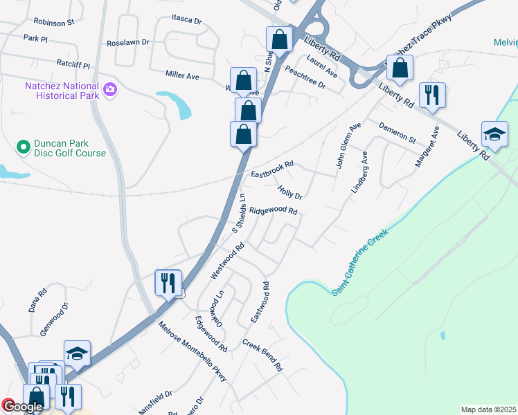 map of restaurants, bars, coffee shops, grocery stores, and more near 3705-3803 Ridgewood Rd in Natchez