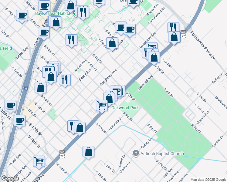 map of restaurants, bars, coffee shops, grocery stores, and more near 2104 South 8th Street in Waco