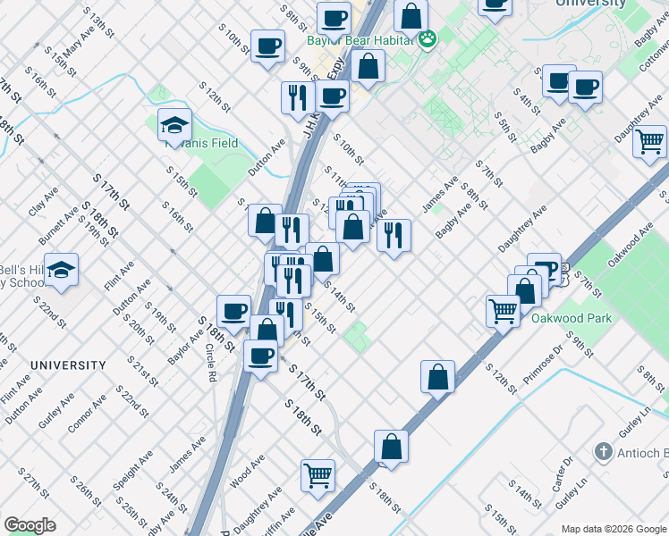 map of restaurants, bars, coffee shops, grocery stores, and more near 1303 Speight Avenue in Waco