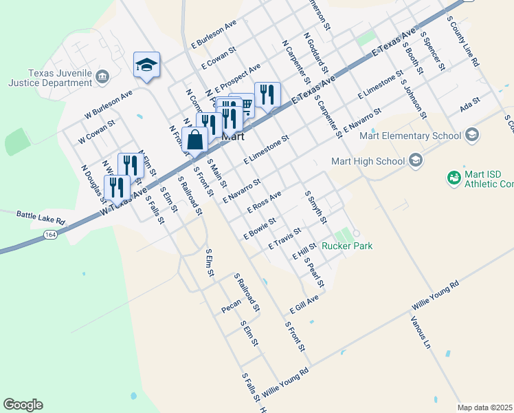 map of restaurants, bars, coffee shops, grocery stores, and more near 307 East Ross Avenue in Mart