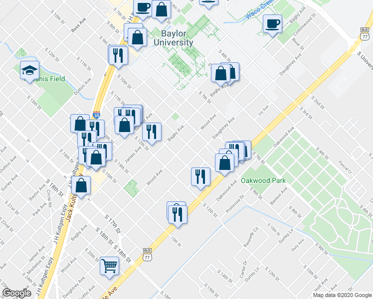 map of restaurants, bars, coffee shops, grocery stores, and more near 1009 Wood Avenue in Waco