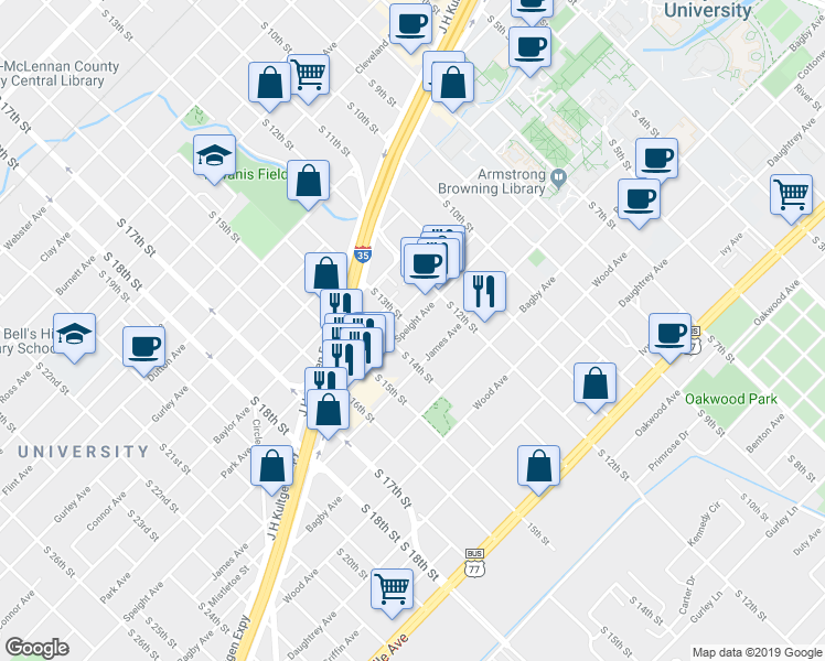 map of restaurants, bars, coffee shops, grocery stores, and more near 1303 Speight Avenue in Waco