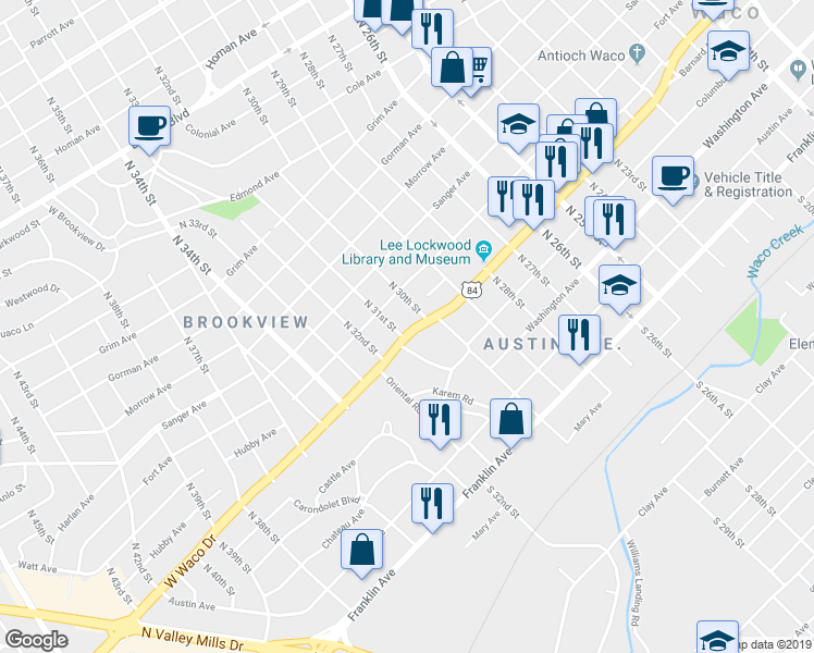 map of restaurants, bars, coffee shops, grocery stores, and more near 517 North 31st Street in Waco
