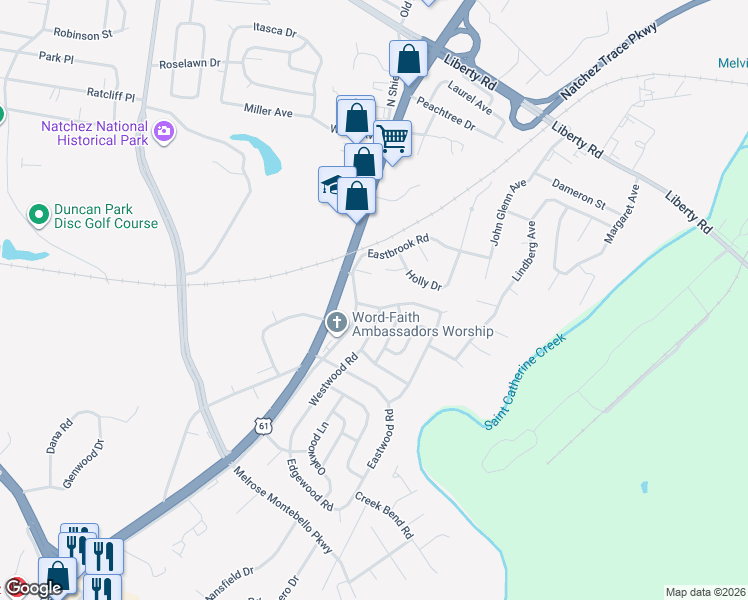 map of restaurants, bars, coffee shops, grocery stores, and more near 3705-3803 Ridgewood Rd in Natchez