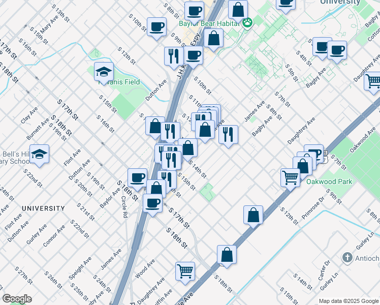 map of restaurants, bars, coffee shops, grocery stores, and more near 1303 Speight Avenue in Waco