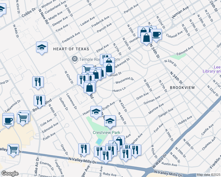 map of restaurants, bars, coffee shops, grocery stores, and more near 4001 Huaco Lane in Waco