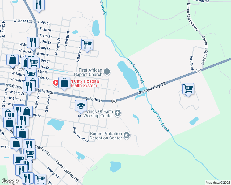 map of restaurants, bars, coffee shops, grocery stores, and more near 801 East 14th Street in Alma
