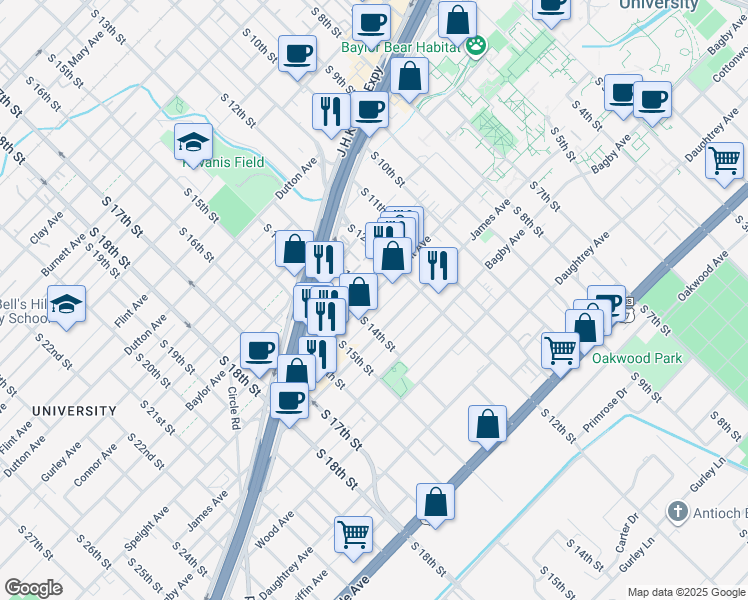 map of restaurants, bars, coffee shops, grocery stores, and more near 1298 Speight Avenue in Waco