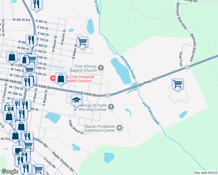 map of restaurants, bars, coffee shops, grocery stores, and more near 801 East 14th Street in Alma