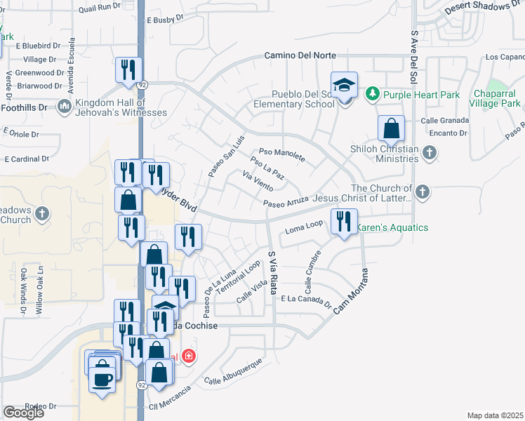 map of restaurants, bars, coffee shops, grocery stores, and more near 1670 Vía Riata in Sierra Vista