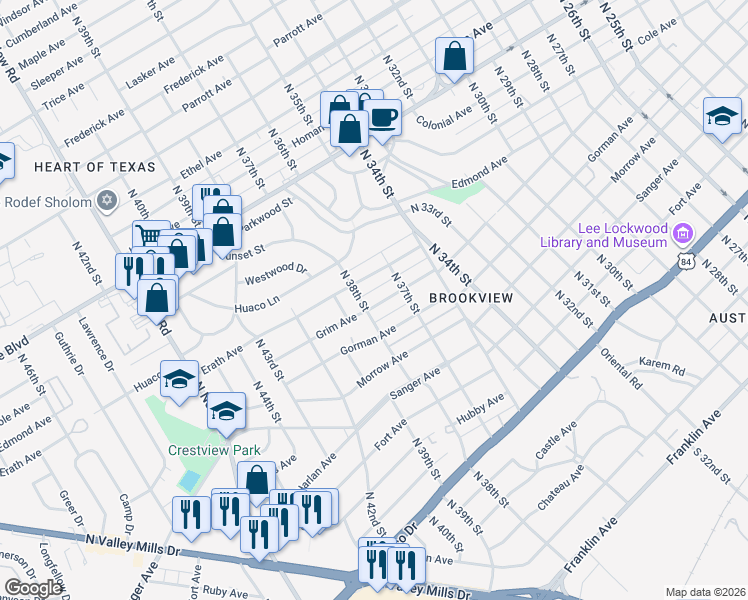 map of restaurants, bars, coffee shops, grocery stores, and more near 3729 Grim Avenue in Waco