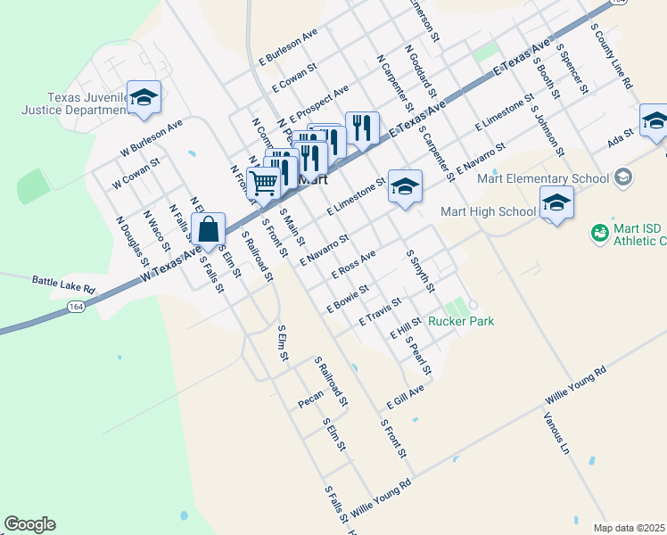 map of restaurants, bars, coffee shops, grocery stores, and more near 307 East Ross Avenue in Mart