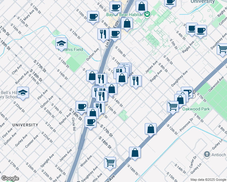 map of restaurants, bars, coffee shops, grocery stores, and more near 1303 Speight Avenue in Waco