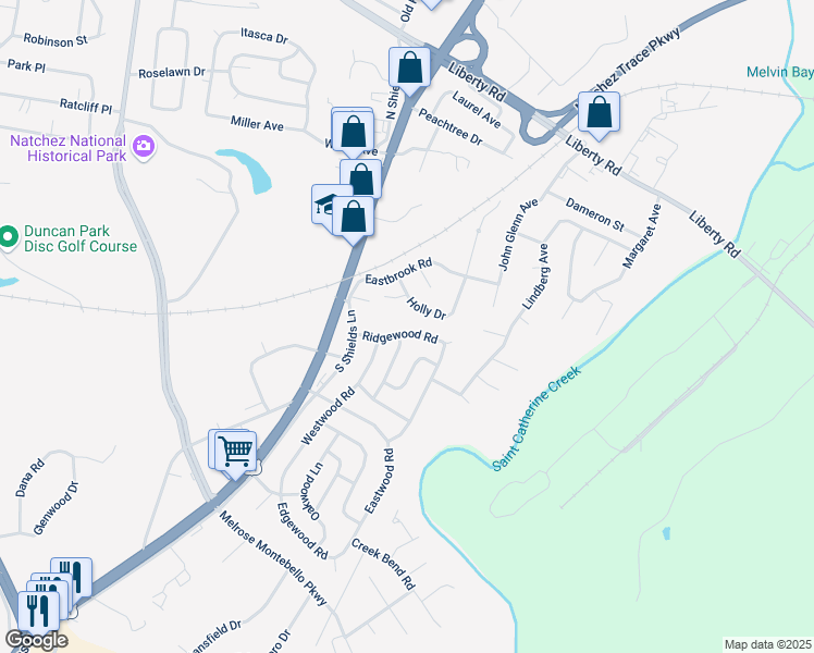 map of restaurants, bars, coffee shops, grocery stores, and more near 3803 Ridgewood Road in Natchez