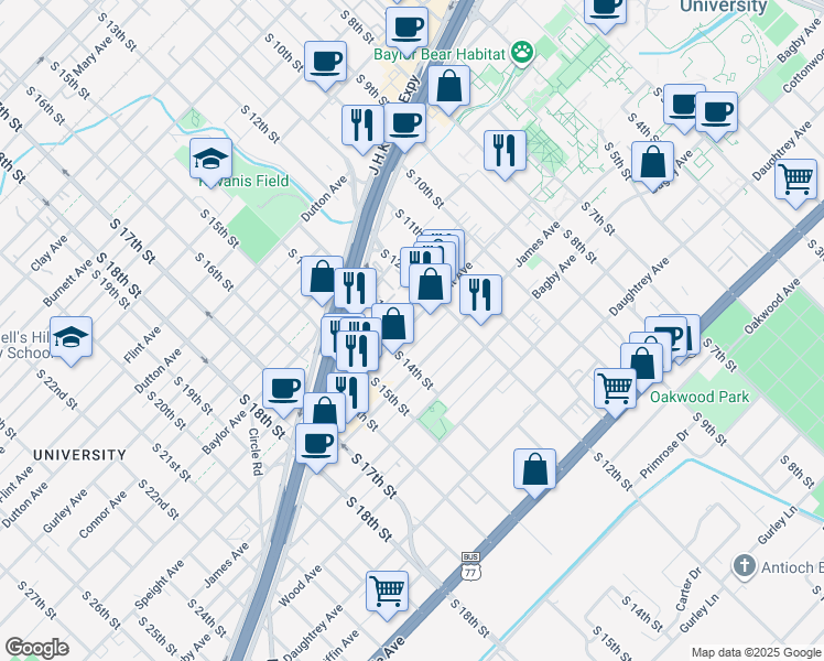 map of restaurants, bars, coffee shops, grocery stores, and more near 1290 Speight Avenue in Waco