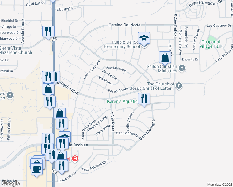 map of restaurants, bars, coffee shops, grocery stores, and more near 4830 Paseo Arruza in Sierra Vista