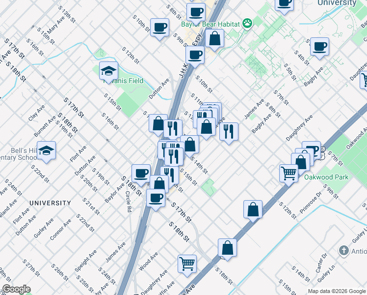 map of restaurants, bars, coffee shops, grocery stores, and more near 1303 Speight Avenue in Waco