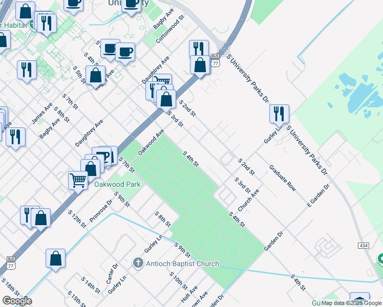 map of restaurants, bars, coffee shops, grocery stores, and more near 2400 South 4th Street in Waco
