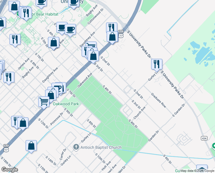 map of restaurants, bars, coffee shops, grocery stores, and more near 2400 South 4th Street in Waco