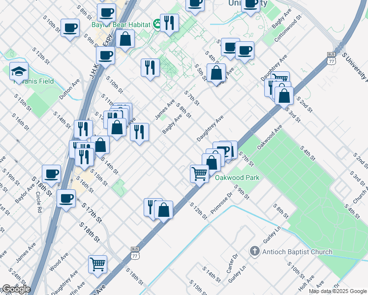 map of restaurants, bars, coffee shops, grocery stores, and more near 1922 South 10th Street in Waco