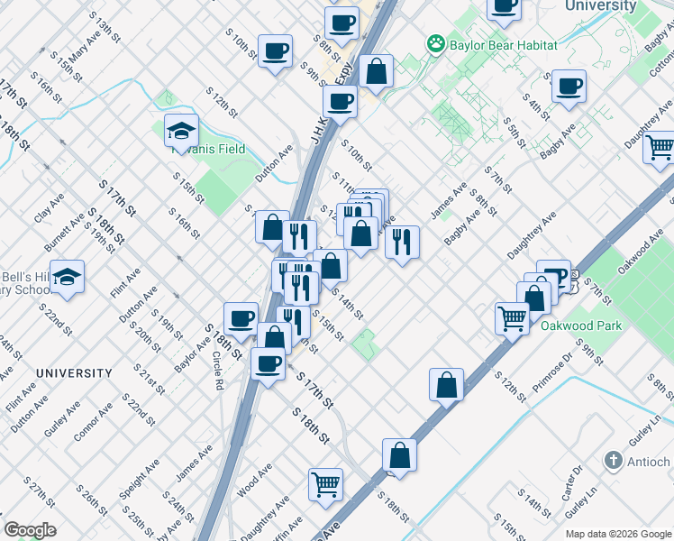 map of restaurants, bars, coffee shops, grocery stores, and more near 1317 Speight Avenue in Waco