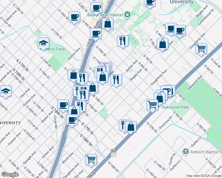 map of restaurants, bars, coffee shops, grocery stores, and more near 1701 South 12th Street in Waco