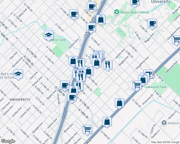 map of restaurants, bars, coffee shops, grocery stores, and more near 1303 Speight Avenue in Waco