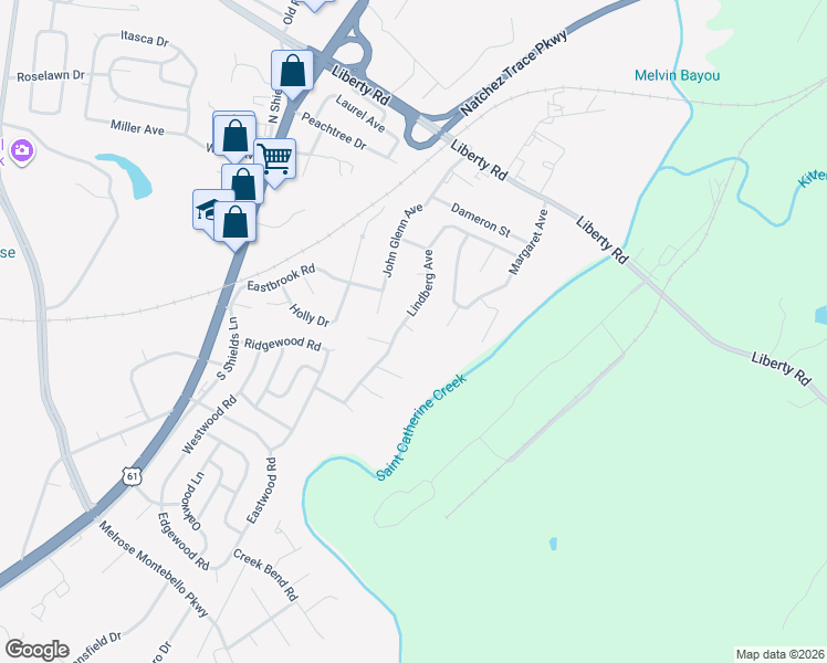 map of restaurants, bars, coffee shops, grocery stores, and more near 12 Byrd Court in Natchez