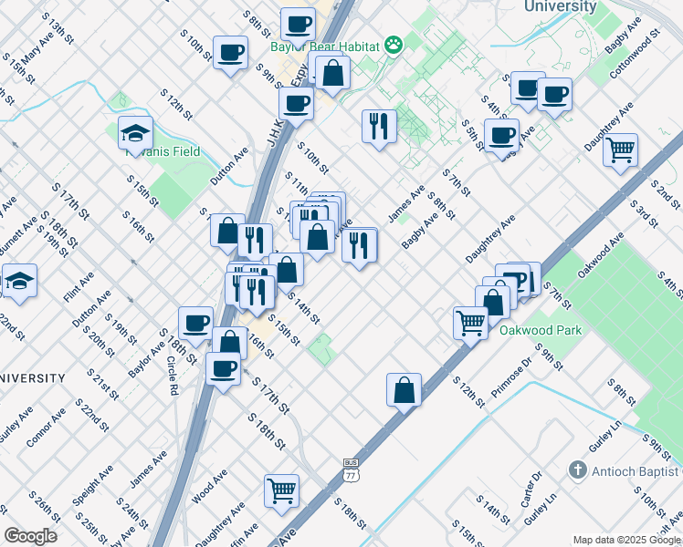 map of restaurants, bars, coffee shops, grocery stores, and more near 1120 James Avenue in Waco