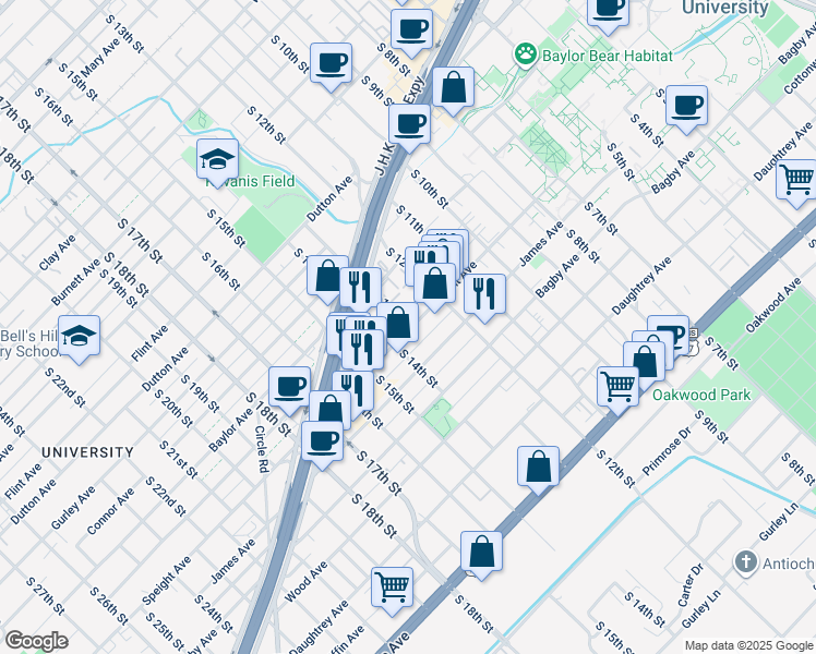 map of restaurants, bars, coffee shops, grocery stores, and more near 1303 Speight Avenue in Waco
