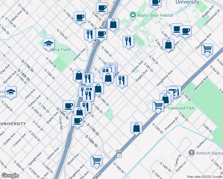 map of restaurants, bars, coffee shops, grocery stores, and more near 1213 James Avenue in Waco