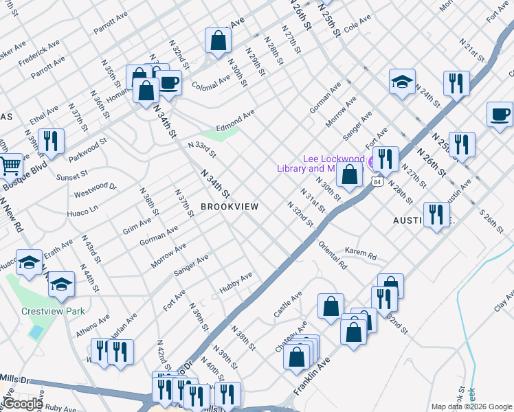 map of restaurants, bars, coffee shops, grocery stores, and more near 3304 Morrow Avenue in Waco