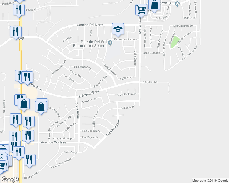 map of restaurants, bars, coffee shops, grocery stores, and more near 5037 East Vía De Lomas in Sierra Vista