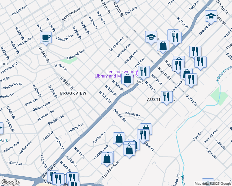 map of restaurants, bars, coffee shops, grocery stores, and more near 517 North 31st Street in Waco