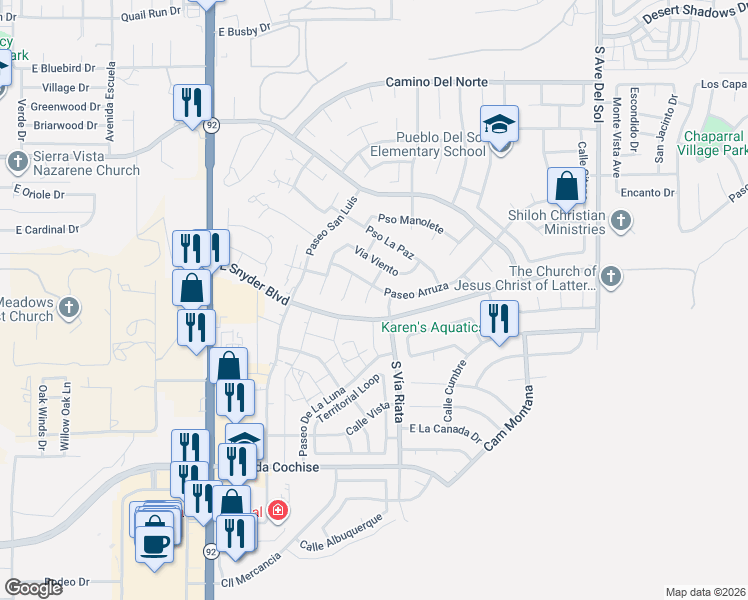 map of restaurants, bars, coffee shops, grocery stores, and more near 1660 Vía Riata in Sierra Vista