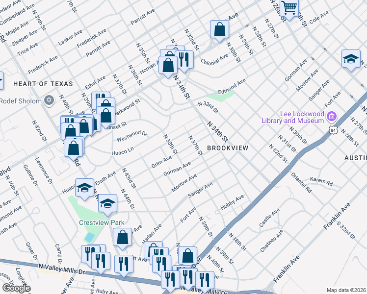 map of restaurants, bars, coffee shops, grocery stores, and more near 3729 Grim Avenue in Waco