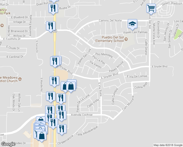 map of restaurants, bars, coffee shops, grocery stores, and more near 1670 Plaza Ayala in Sierra Vista
