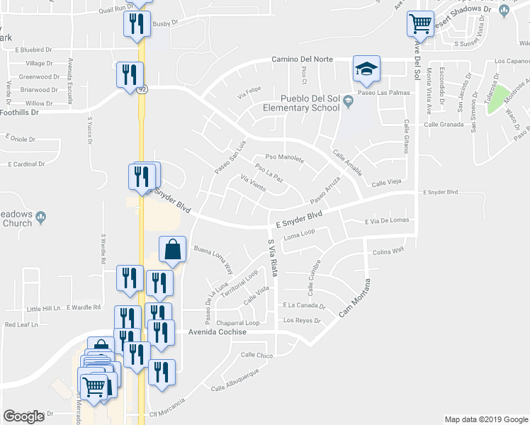 map of restaurants, bars, coffee shops, grocery stores, and more near 1660 Vía Riata in Sierra Vista