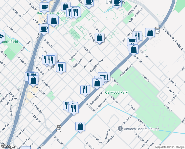 map of restaurants, bars, coffee shops, grocery stores, and more near 2012 South 9th Street in Waco