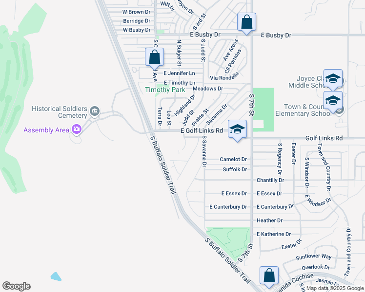 map of restaurants, bars, coffee shops, grocery stores, and more near 1454 Bonnie View Place in Sierra Vista