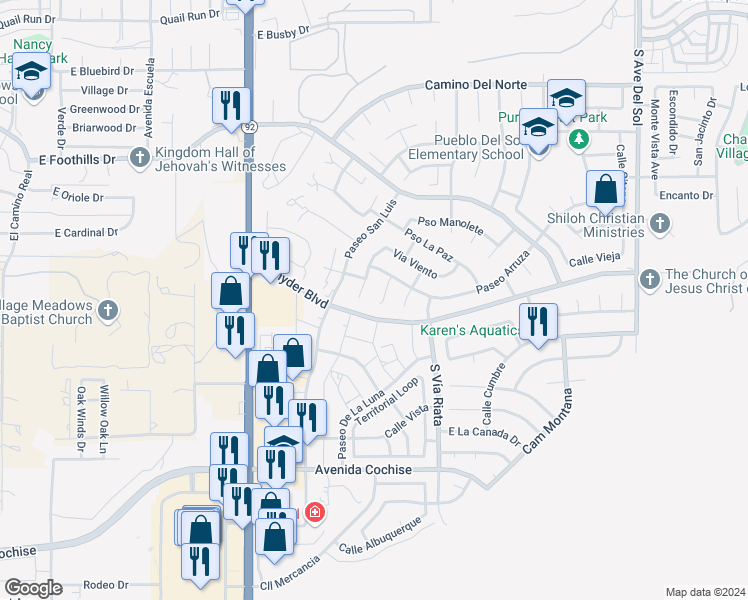 map of restaurants, bars, coffee shops, grocery stores, and more near 1485 Plaza Miura in Sierra Vista