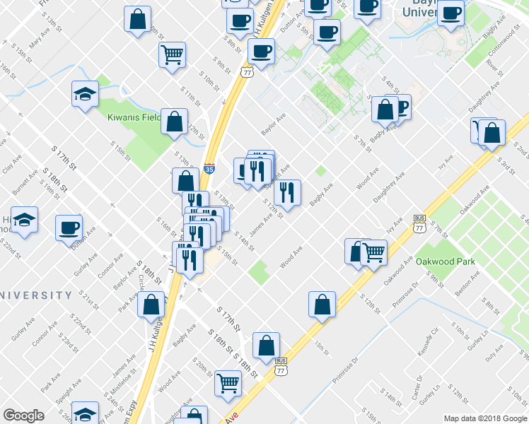 map of restaurants, bars, coffee shops, grocery stores, and more near 1209 James Avenue in Waco