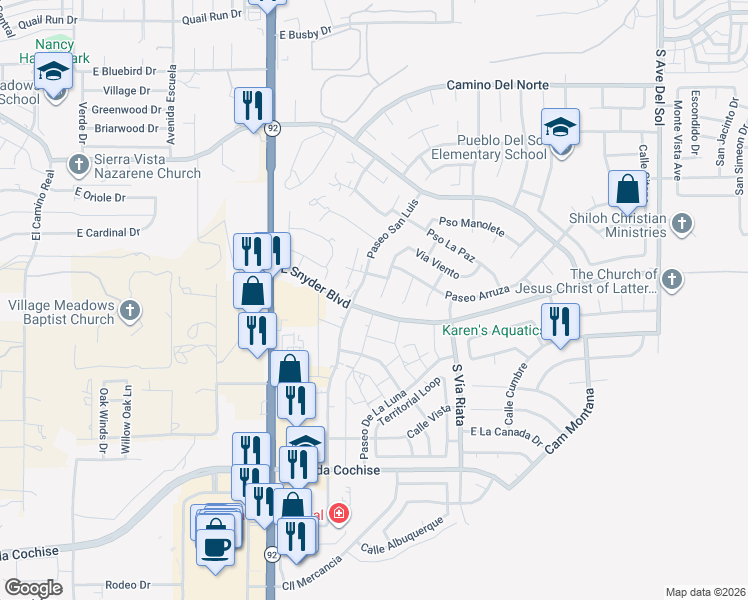 map of restaurants, bars, coffee shops, grocery stores, and more near 1475 Vía Viento in Sierra Vista