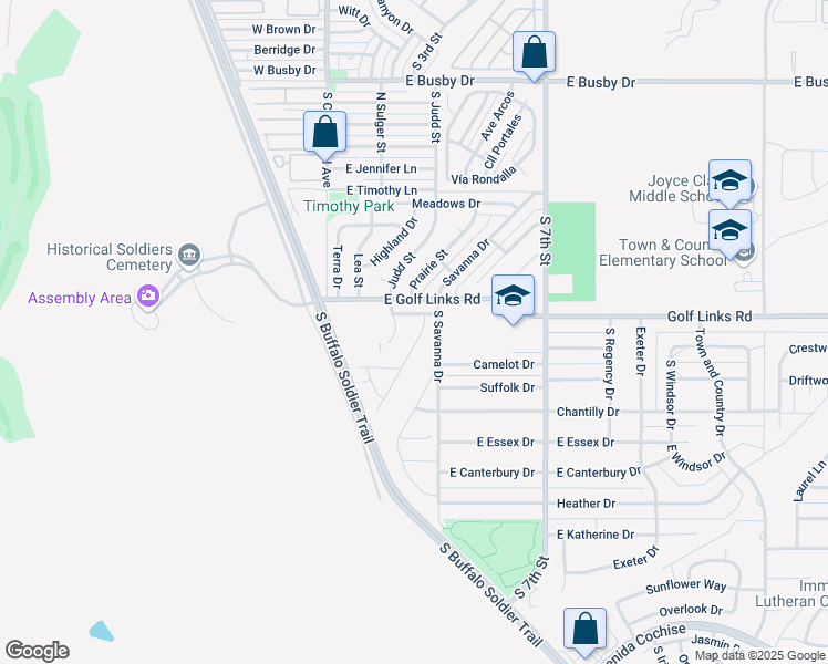 map of restaurants, bars, coffee shops, grocery stores, and more near 1426 Braddock Drive in Sierra Vista