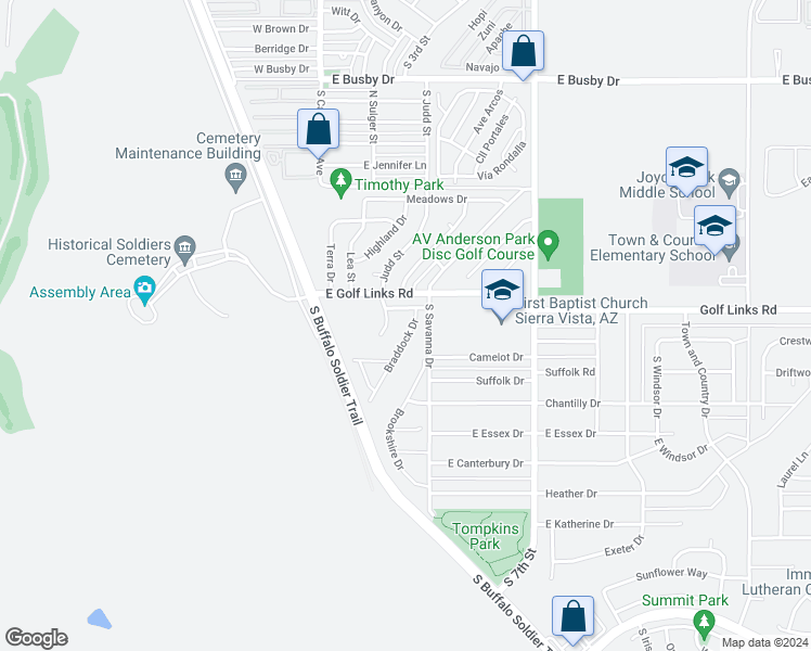 map of restaurants, bars, coffee shops, grocery stores, and more near 1426 Braddock Drive in Sierra Vista
