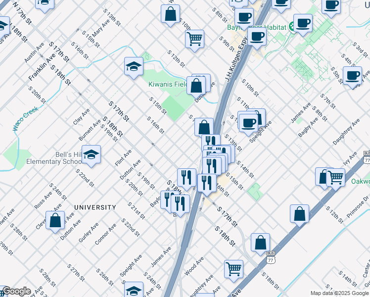 map of restaurants, bars, coffee shops, grocery stores, and more near 1521 Connor Avenue in Waco